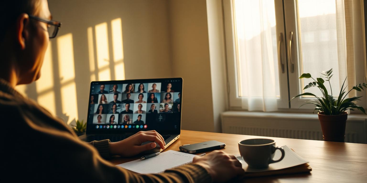 A participant on the early-morning team call, laptop showing a grid of members